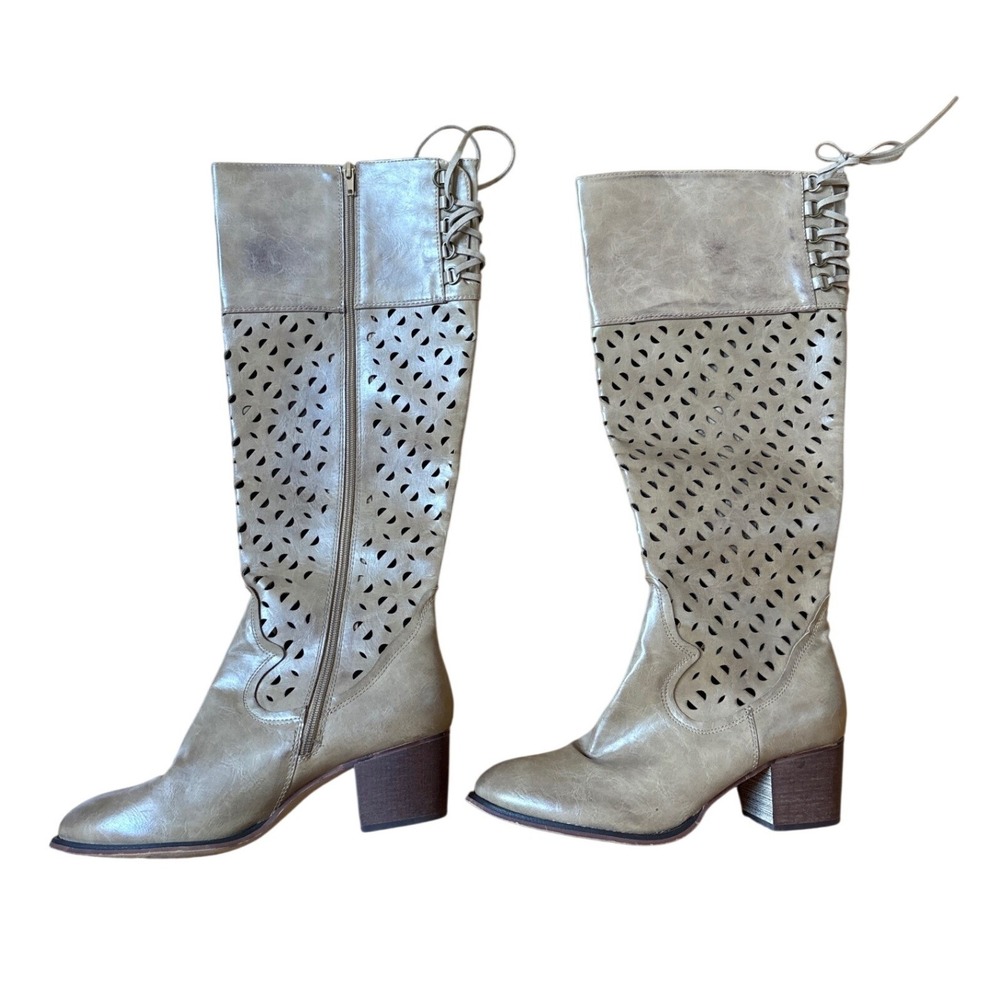 Boutique by Corkys Tall Boots Women Taupe Laser Cut Lace Up Western SIZE 10
